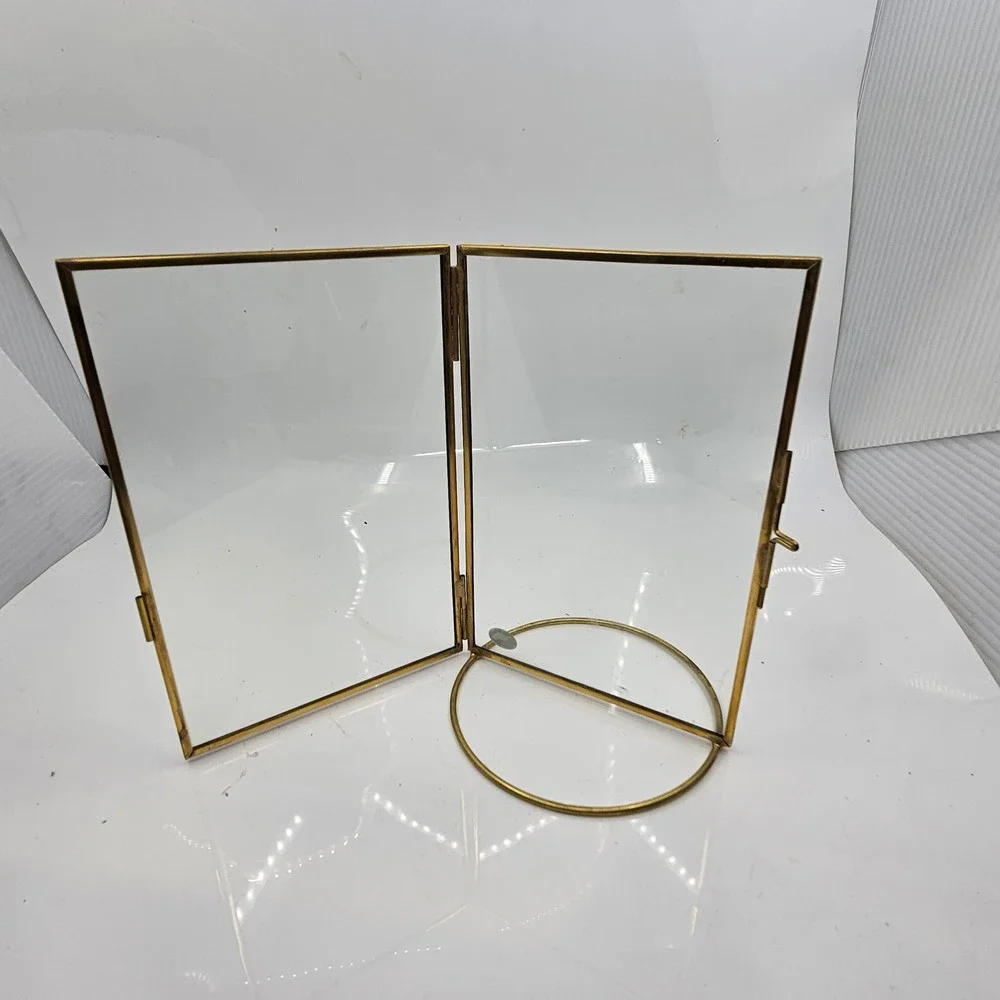 Vintage Brass Floating Picture Frame Glass Double Sided 4x6 Gold Minimalist